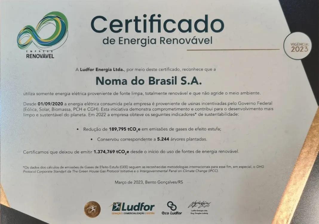 Noma do Brasil recebe Certificado de Energia Renovável 2023 Eco Ludfor
